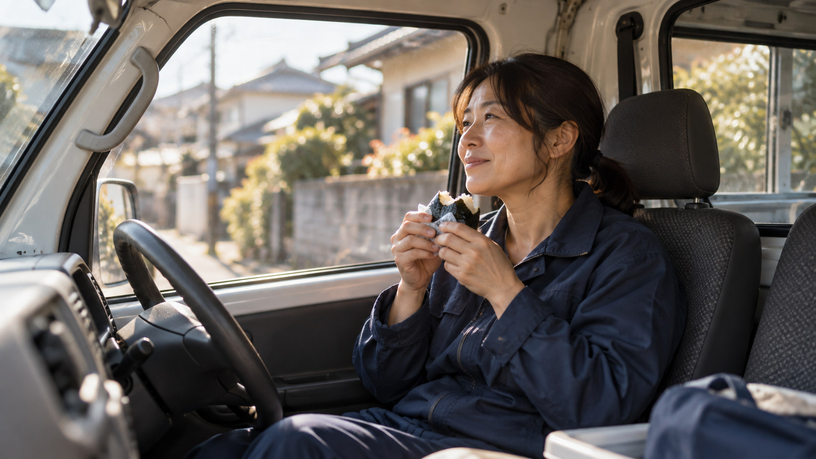 軽バンの運転席でおにぎりを食べて休憩する女性ドライバー