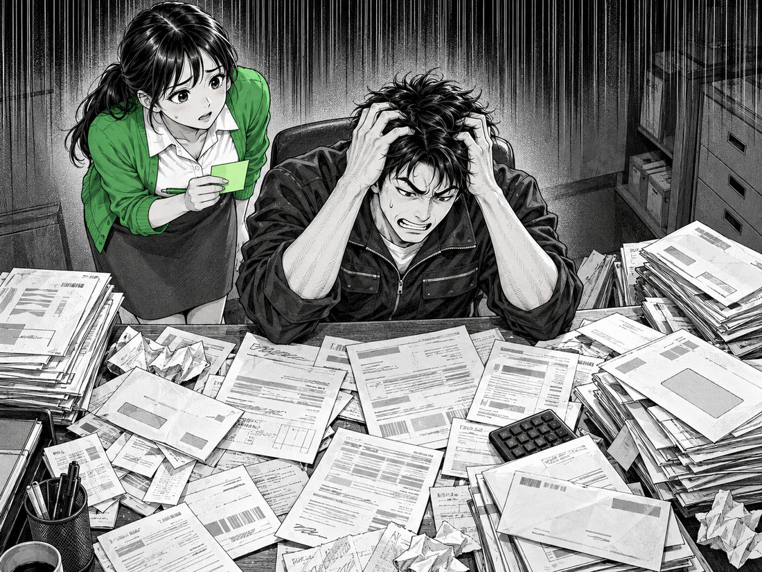 請求書の山の前で頭を抱えるドライバーと、肩越しにのぞく女性スタッフ