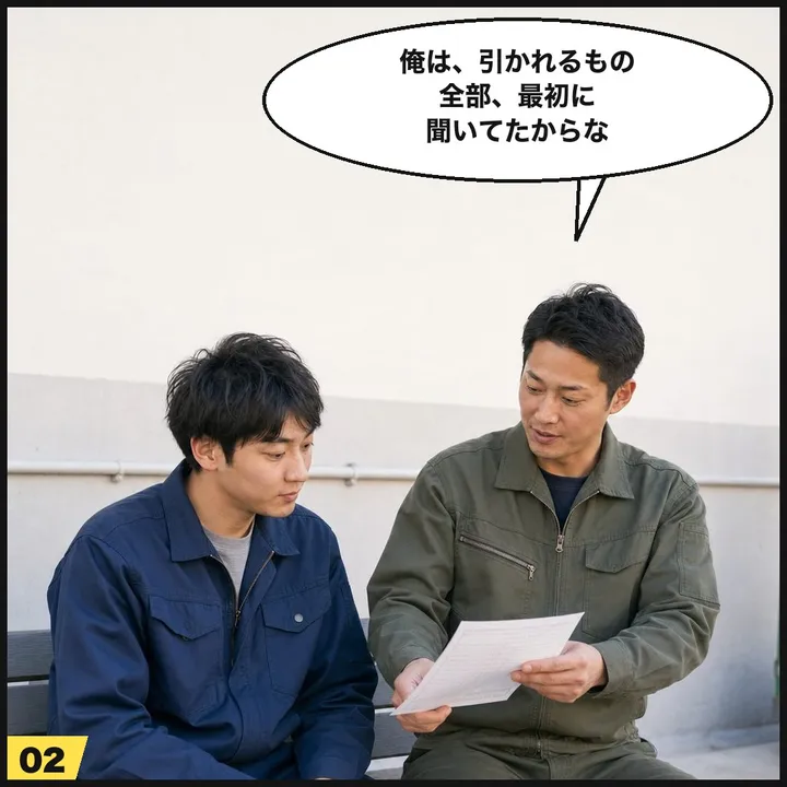 2コマ目：マサが自分の明細を見せ「俺は、引かれるもの全部、最初に聞いてたからな」