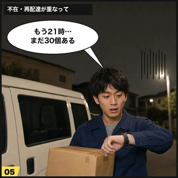 5コマ目:不在・再配達が重なり、夜21時でもまだ30個