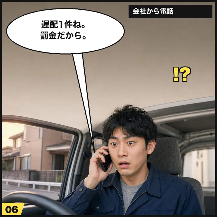 6コマ目:会社から「遅配1件ね。罰金だから」と電話