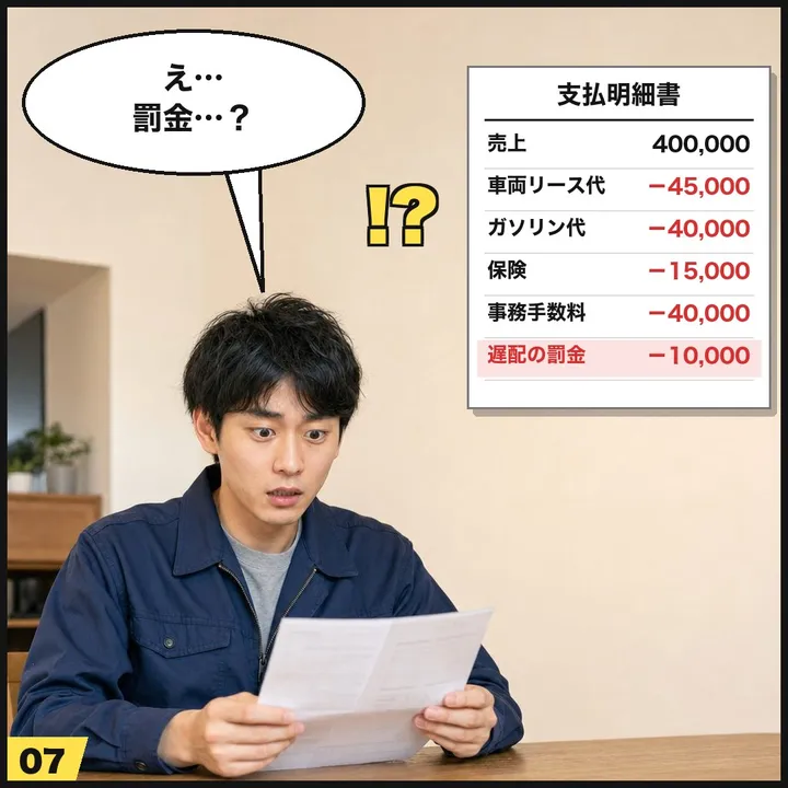 7コマ目:明細に車両リース代・ガソリン代・保険・事務手数料・遅配の罰金